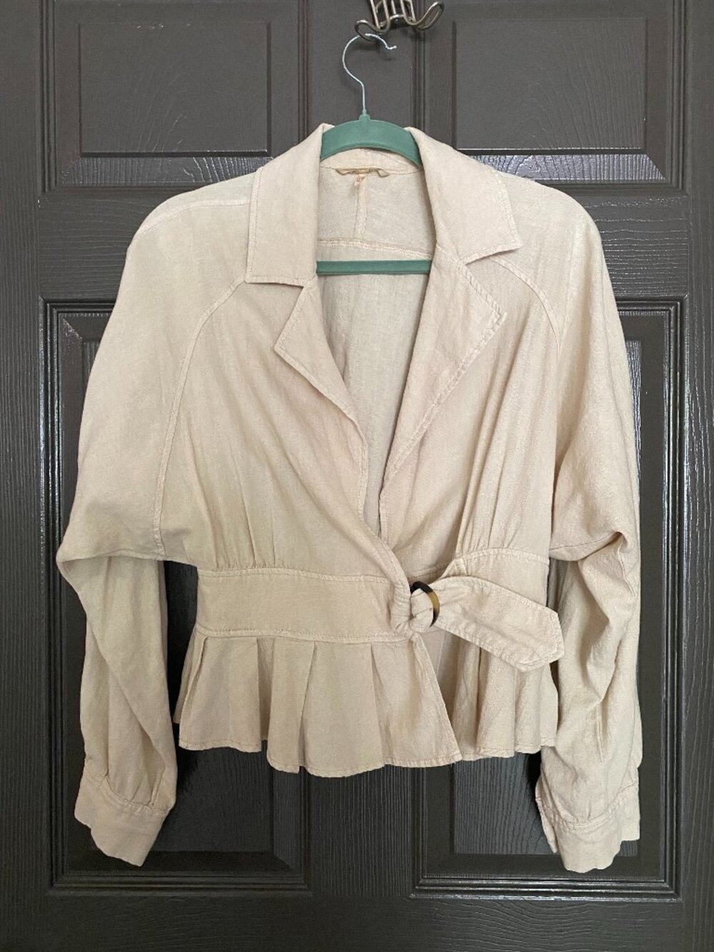 Free People Linen Blend Wrap Jacket Peplum Tie Waist Cream XS